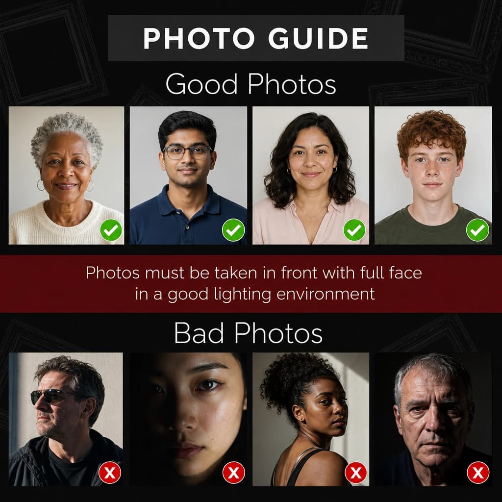 Photo guide: good photos show clear, front-facing faces in even light with green checkmarks; bad photos show profiles, extreme crops, looking away, or harsh shadows with red X marks. Photos must be taken in front with full face in a good lighting environment.